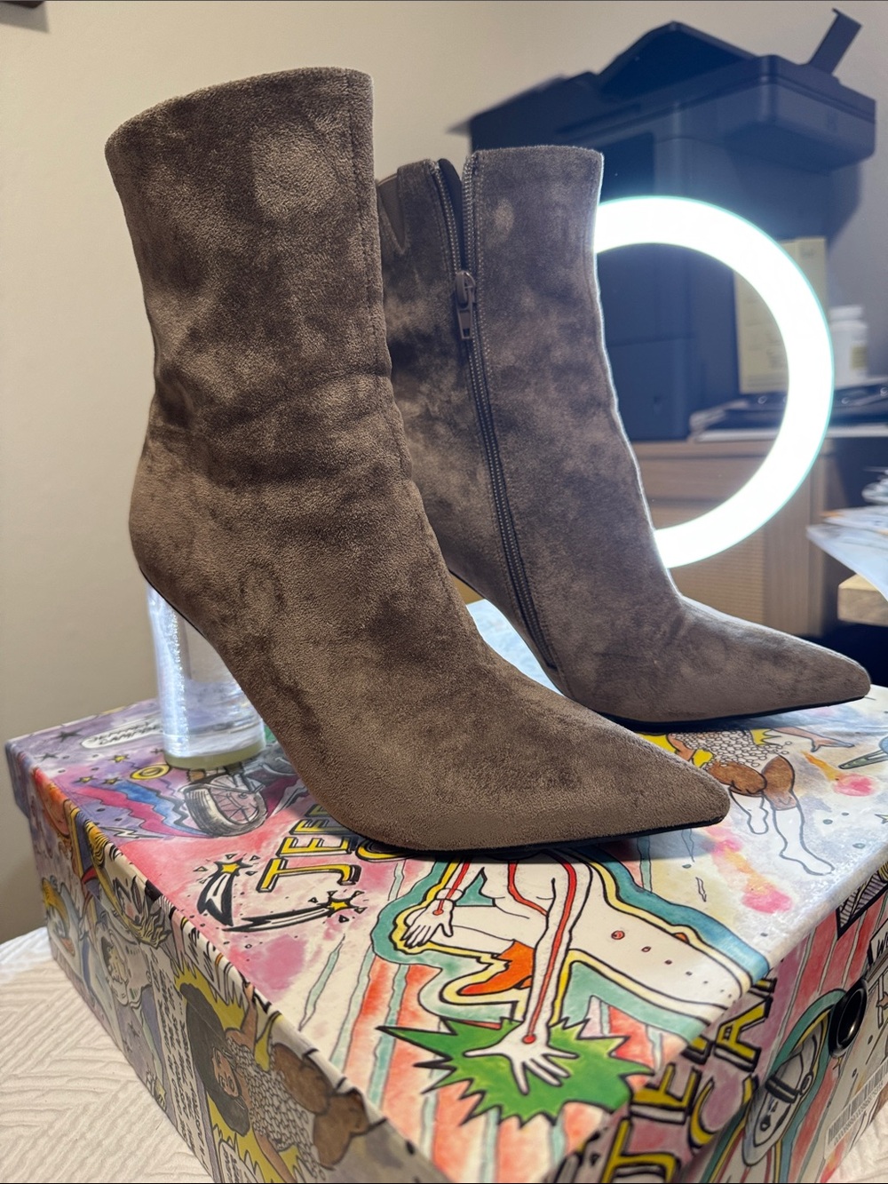 Jeffrey Campbell Taupe Suede Pointed-Toe Ankle Booties with Clear Block Heel